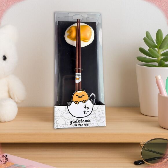 Sanrio 2020s Gudetama Chopsticks & Rest Set - Kawaii Kitchen Collectible - Picture 2 of 6